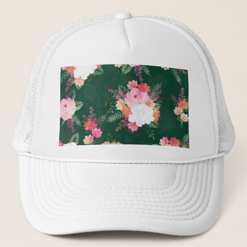 Pink Watercolor Flowers Green Design Trucker Hat
