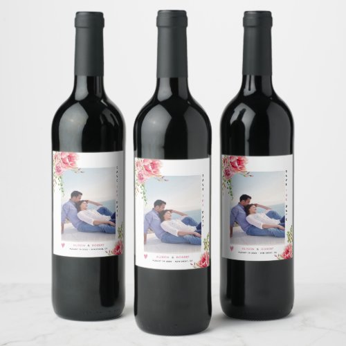 Pink watercolor flowers green leaves and photo wine label