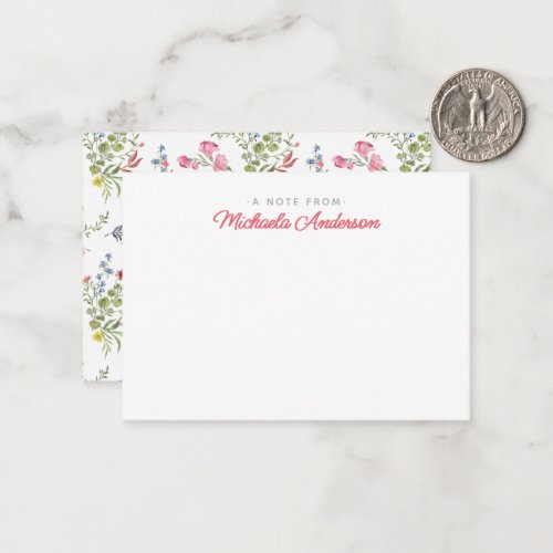 Pink Watercolor Flowers  Greenery Custom Name Note Card