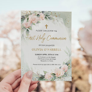 Pink Watercolor Flowers Greenery First Communion Invitation