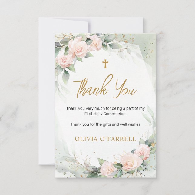 Pink Watercolor Flowers Greenery First Communion Thank You Card (Front)