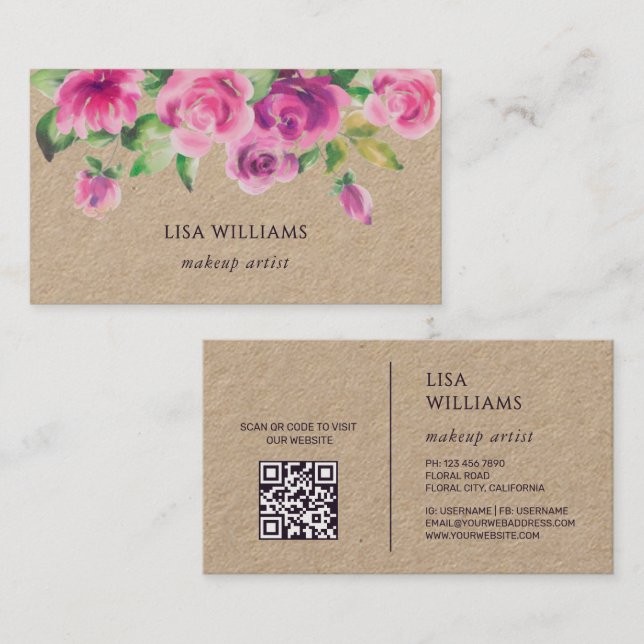Pink Watercolor Flowers Kraft Business Card (Front/Back)