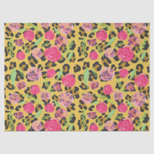 Pink Watercolor Flowers Leopard Animal Print Tissue Paper