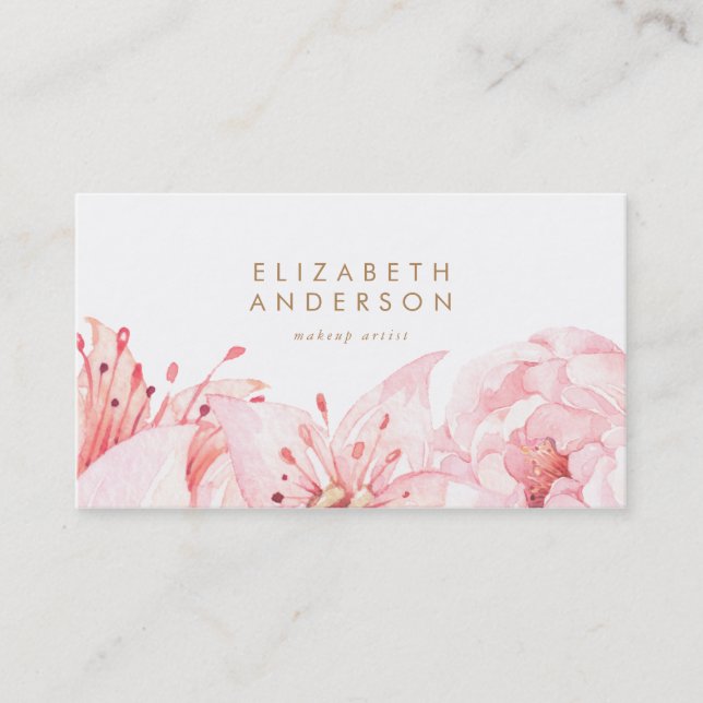 Pink Watercolor Flowers Lilies Business Card (Front)