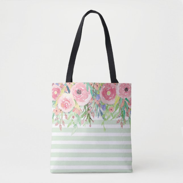 Pink Watercolor Flowers & Mint Stripes Tote Bag (Front)
