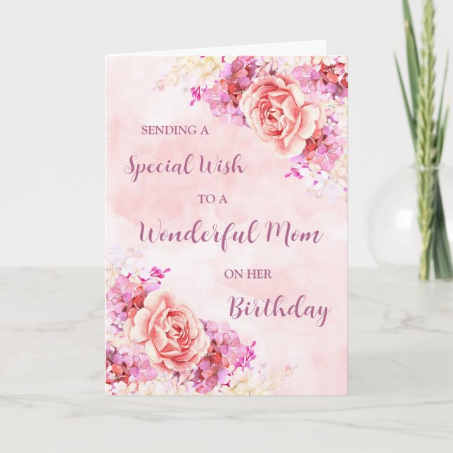 Pink Watercolor Flowers Mom Birthday Card (Front)