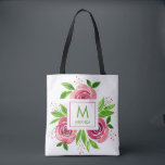Pink Watercolor Flowers Monogram Personalized Tote Bag<br><div class="desc">Pink roses and leaves behind your name and initial. Available in 2 sizes and 2 styles to fit all your needs, customize for the perfect gift or casual accessory. Versatile, trendy, durable, a custom tote means you'll always look fashionable! Dimensions: 16" long x 16" wide; Strap: 28" long. Also available...</div>