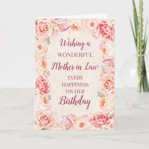 Pink Watercolor Flowers Mother in Law Birthday Card