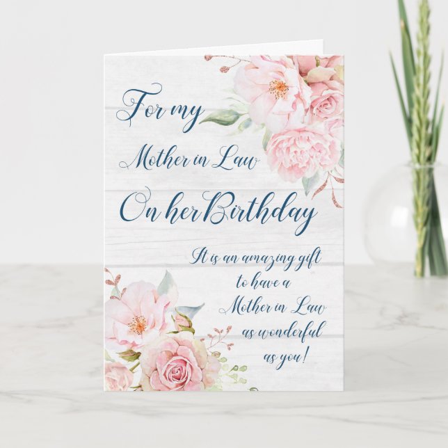 Pink Watercolor Flowers Mother in Law Birthday Card (Front)