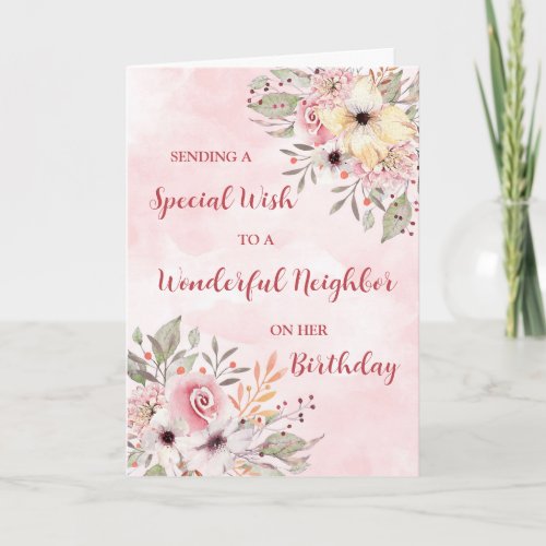 Pink Watercolor Flowers Neighbor Birthday Card