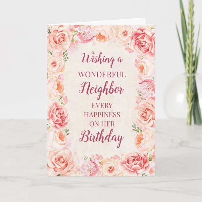 Pink Watercolor Flowers Neighbor Birthday Card (Front)
