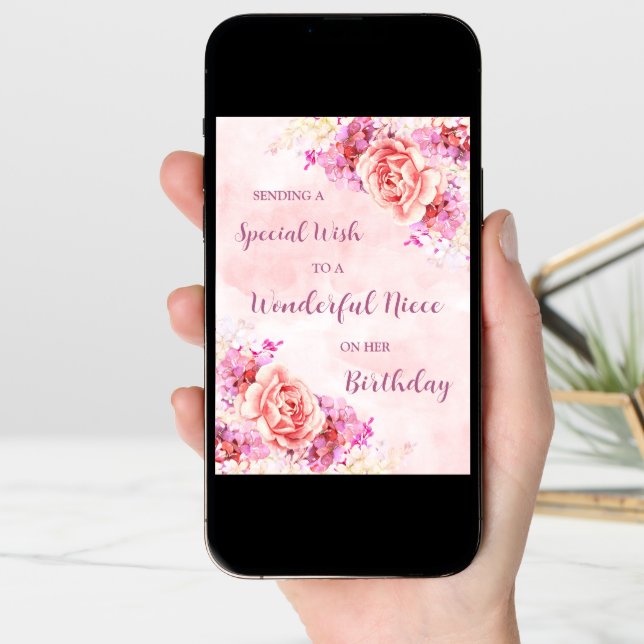 Pink Watercolor Flowers Niece Birthday Card (Front Digital)