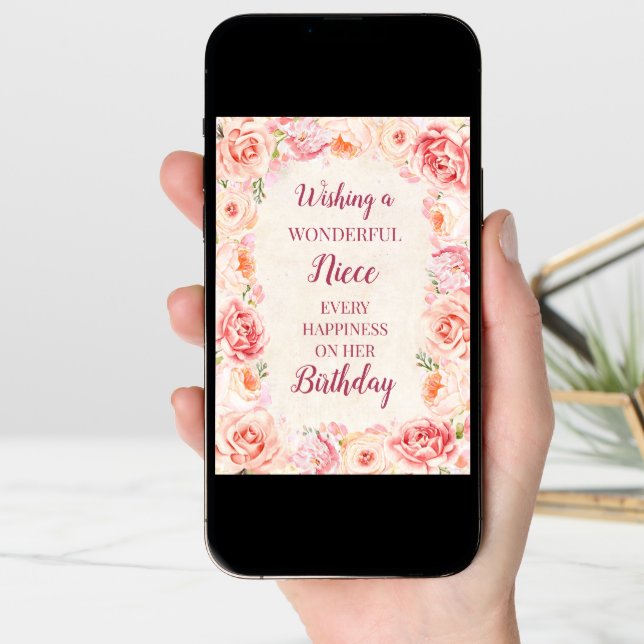 Pink Watercolor Flowers Niece Birthday Card (Front Digital)