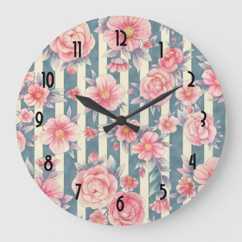 Pink Watercolor Flowers on Striped Pattern Large C Large Clock