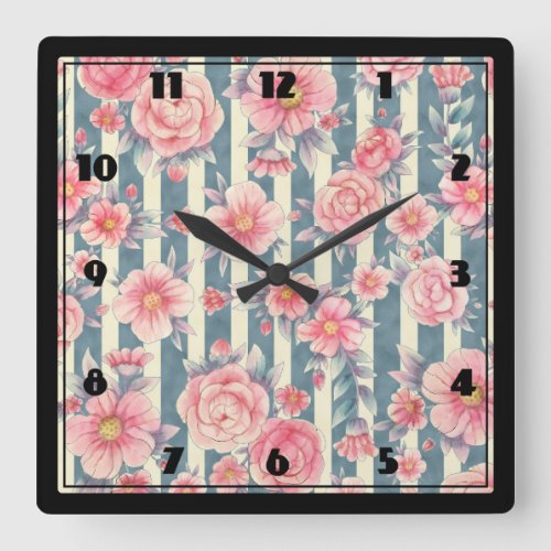 Pink Watercolor Flowers on Striped Pattern Square Wall Clock