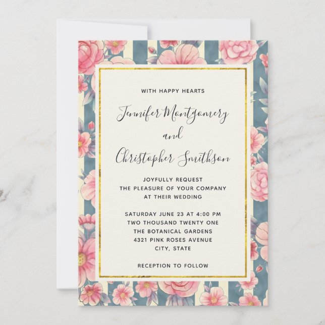Pink Watercolor Flowers on Striped Pattern Wedding Invitation (Front)