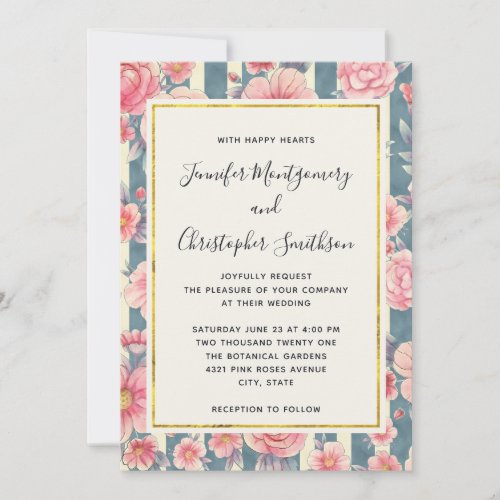 Pink Watercolor Flowers on Striped Pattern Wedding Invitation