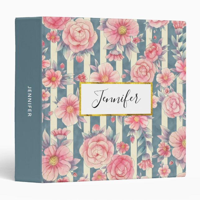 Pink Watercolor Flowers on Stripes 3 Ring Binder (Front/Spine)