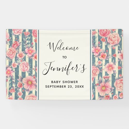 Pink Watercolor Flowers on Stripes Baby Shower Banner