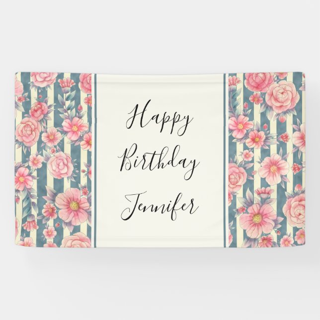 Pink Watercolor Flowers on Stripes Birthday Banner (Horizontal)