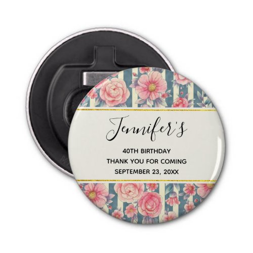 Pink Watercolor Flowers on Stripes Birthday Bottle Opener