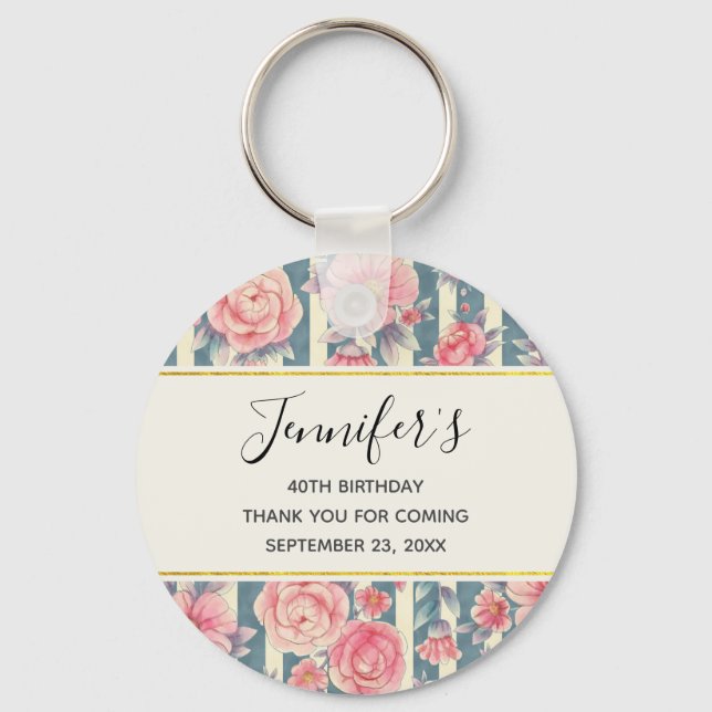 Pink Watercolor Flowers on Stripes Birthday Keychain (Front)