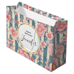 Pink Watercolor Flowers on Stripes Birthday Large Gift Bag