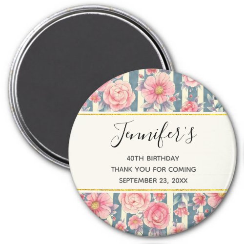 Pink Watercolor Flowers on Stripes Birthday Magnet