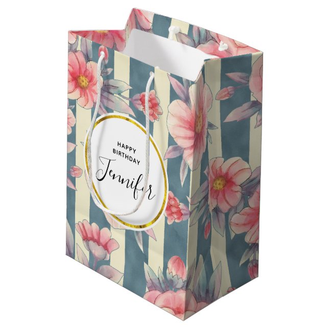  Pink Watercolor Flowers on Stripes Birthday Medium Gift Bag (Back Angled)