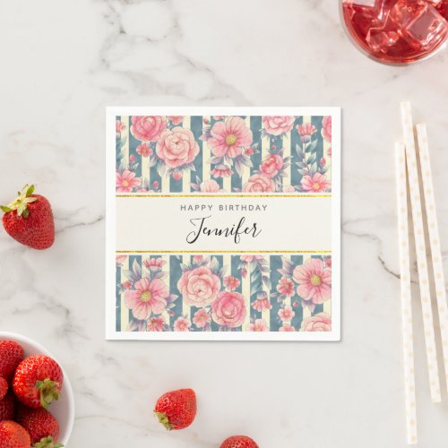 Pink Watercolor Flowers on Stripes Birthday Napkins