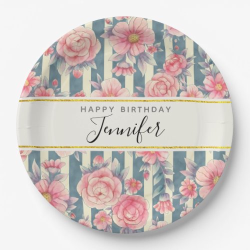 Pink Watercolor Flowers on Stripes Birthday Paper Plates