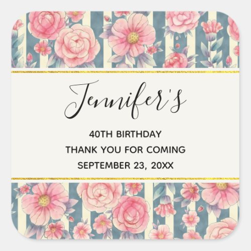Pink Watercolor Flowers on Stripes Birthday Square Sticker