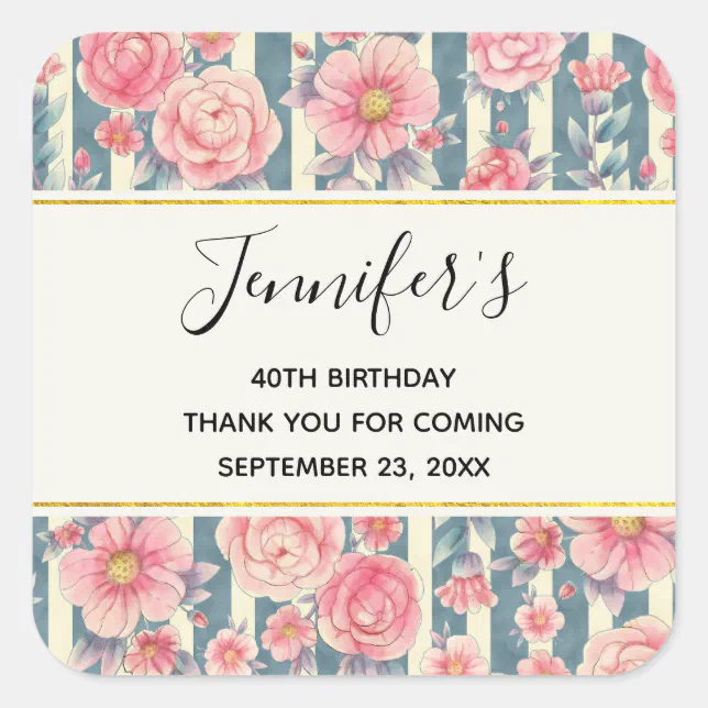 Pink Watercolor Flowers on Stripes Birthday Square Sticker | Zazzle