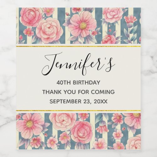 Pink Watercolor Flowers on Stripes Birthday Wine Label