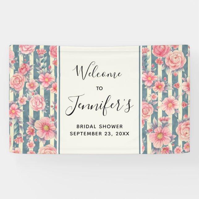 Pink Watercolor Flowers on Stripes Bridal Shower Banner (Horizontal)