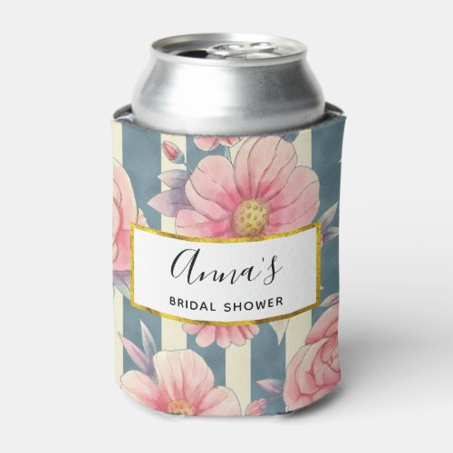 Pink Watercolor Flowers on Stripes Bridal Shower Can Cooler