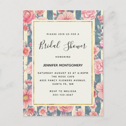 Pink Watercolor Flowers on Stripes Bridal Shower Invitation Postcard