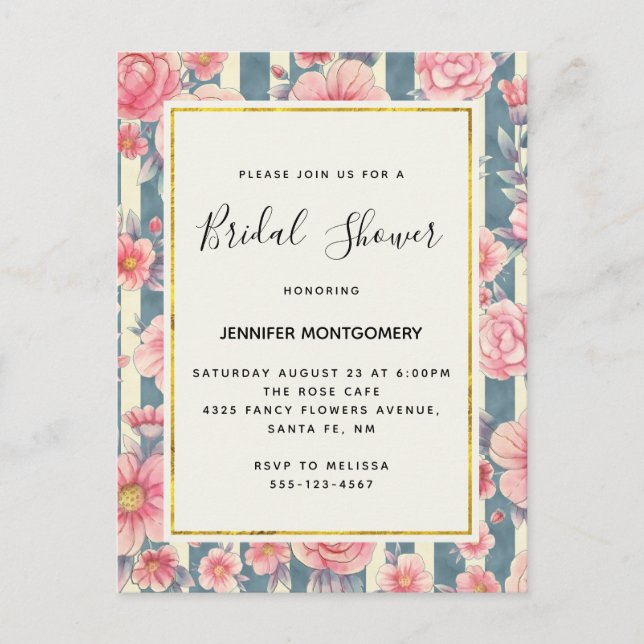 Pink Watercolor Flowers on Stripes Bridal Shower Invitation Postcard (Front)
