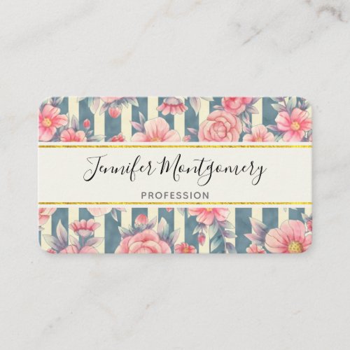 Pink Watercolor Flowers on Stripes Business Card