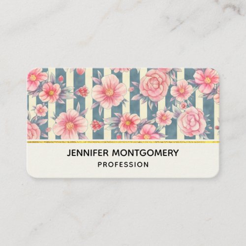 Pink Watercolor Flowers on Stripes Business Card