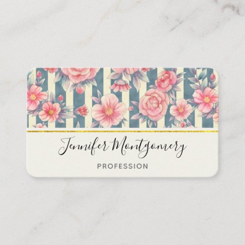 Pink Watercolor Flowers on Stripes Business Card