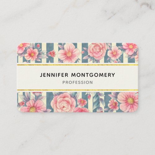 Pink Watercolor Flowers on Stripes Business Card