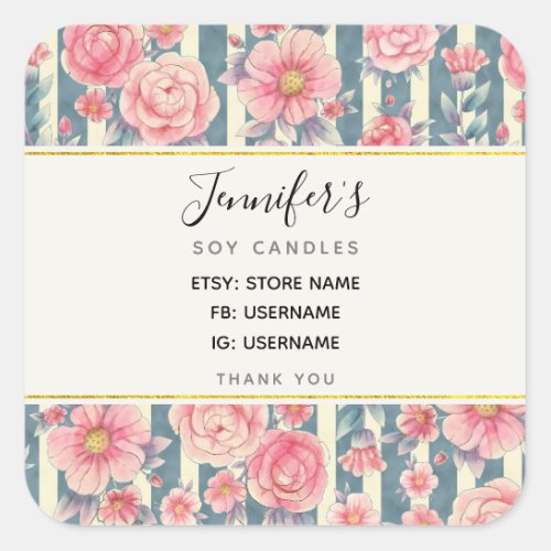Pink Watercolor Flowers on Stripes Business Square Sticker