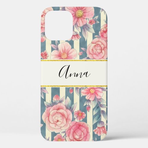 Pink Watercolor Flowers on Stripes iPhone 12 Case