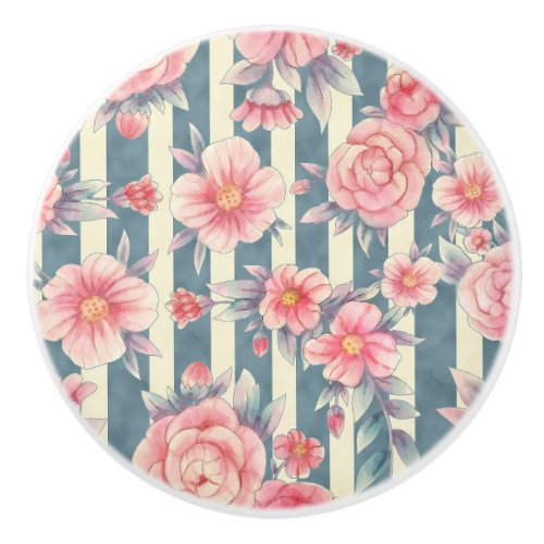 Pink Watercolor Flowers on Stripes Ceramic Knob