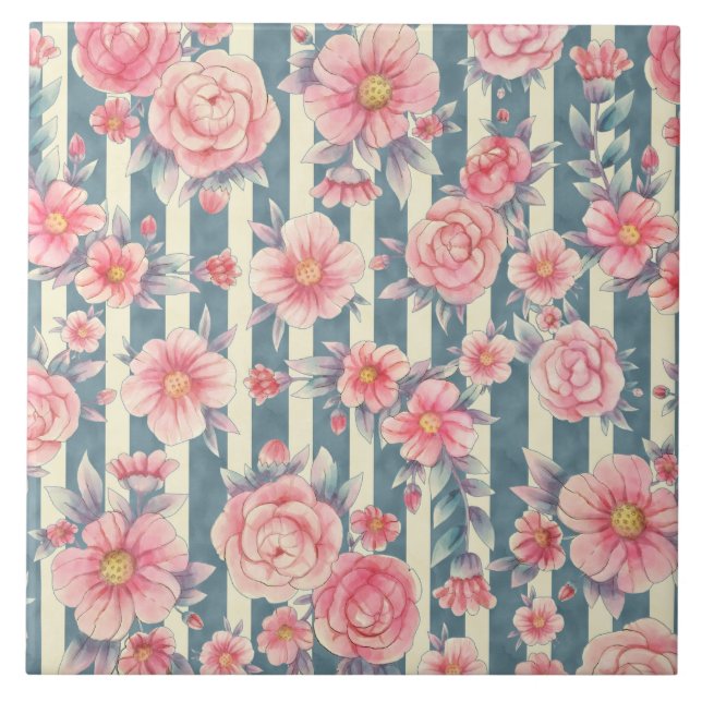 Pink Watercolor Flowers on Stripes Ceramic Tile (Front)