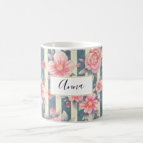  Pink Watercolor Flowers on Stripes Coffee Mug