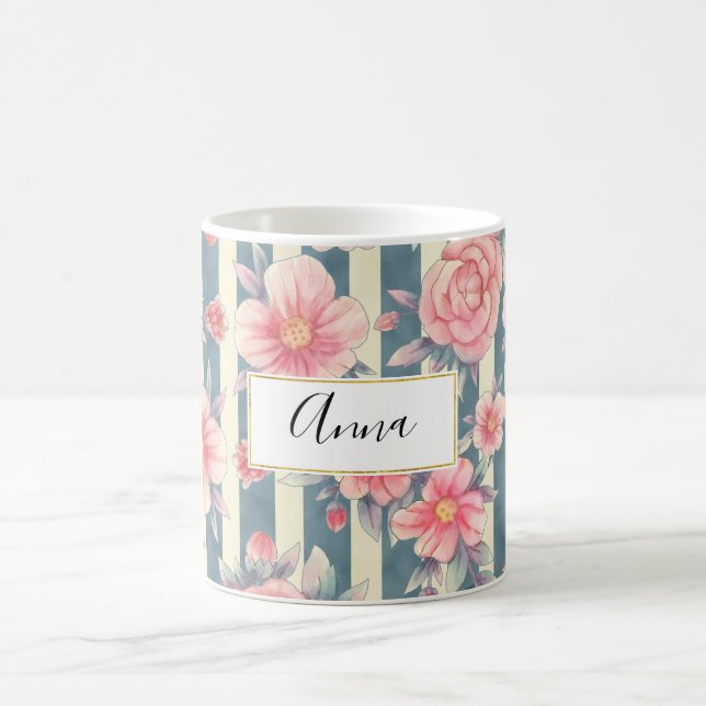  Pink Watercolor Flowers on Stripes Coffee Mug (Center)