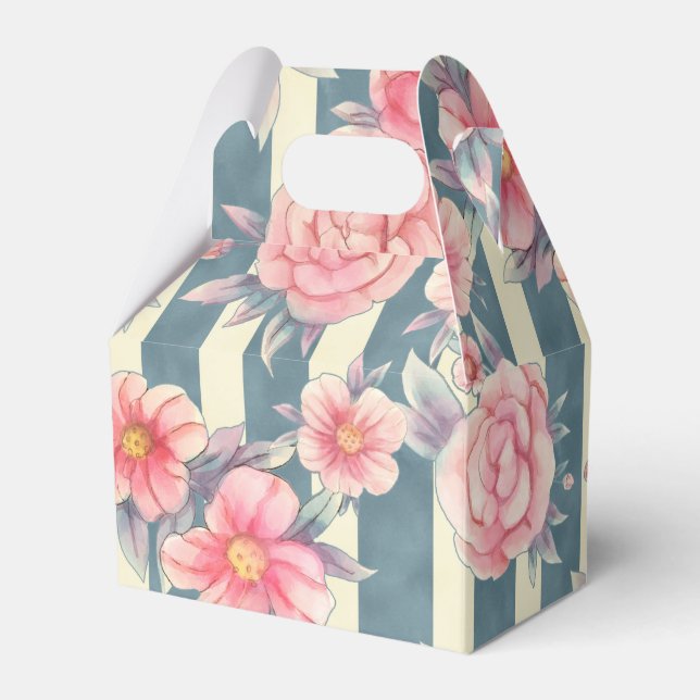 Pink Watercolor Flowers on Stripes Favor Boxes (Front Side)