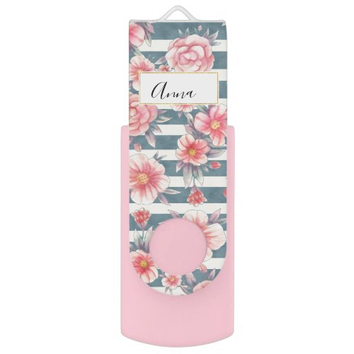Pink Watercolor Flowers on Stripes Flash Drive